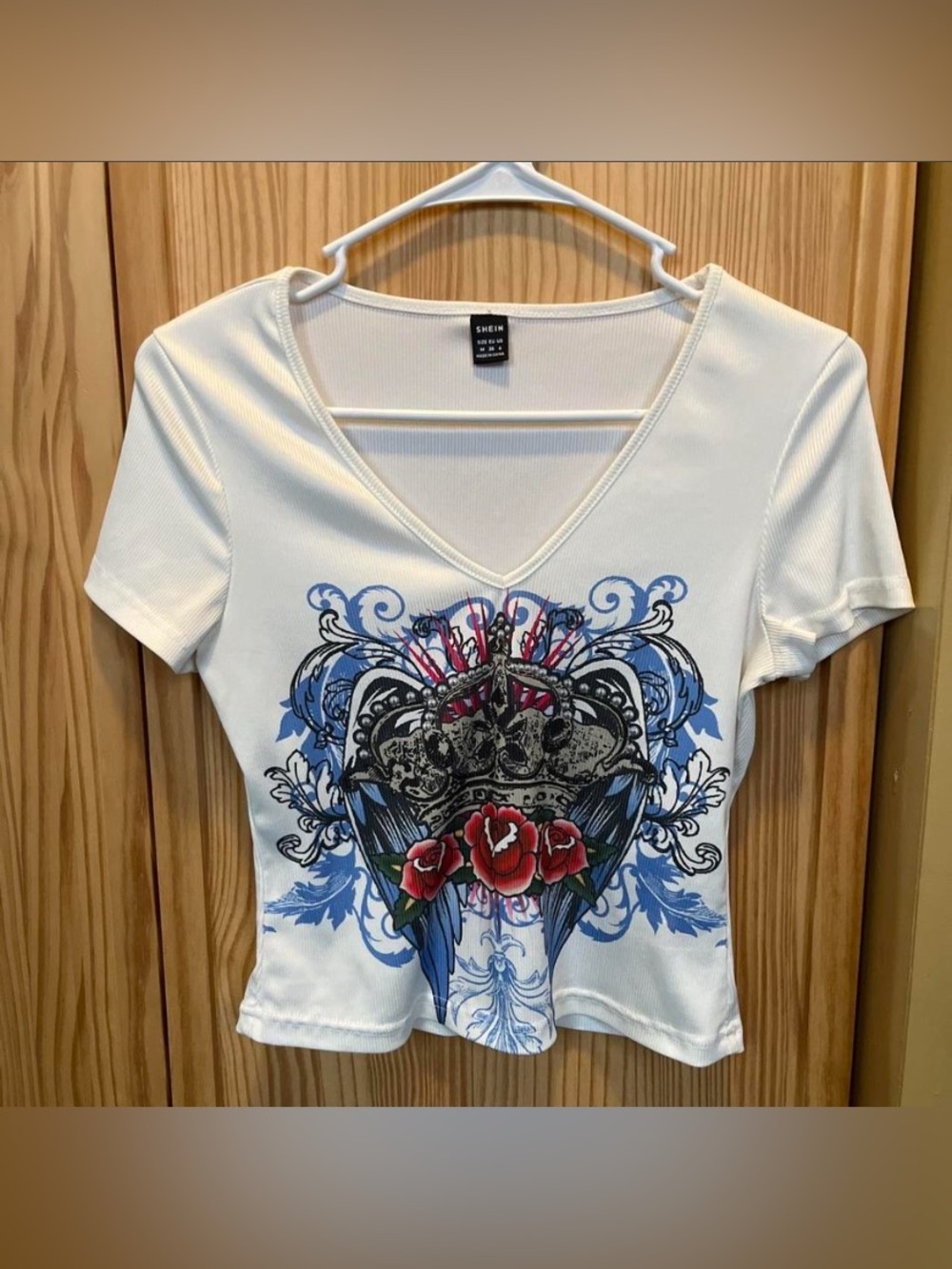 SHEIN White V-Neck Tee with Rose and Crown Graphic